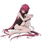  1girl animal_ears bandaged_arm bandages bare_arms bare_legs barefoot black_leotard closed_mouth elfen_lied frown full_body hair_over_one_eye leotard long_hair looking_at_viewer lucy_(elfen_lied) red_eyes red_hair shiny shiny_hair simple_background sitting solo straight_hair togawa_makoto very_long_hair white_background 