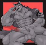  abs anatake anthro biceps big_muscles big_penis canid canine canis countershading eye_scar facial_scar flaccid fur genitals glans grey_body grey_fur hi_res huge_muscles huge_penis humanoid_genitalia humanoid_penis looking_at_viewer male mammal muscular muscular_anthro muscular_male pecs penis pink_glans quads red_sclera scar simple_background smile smiling_at_viewer solo vein veiny_penis wolf 