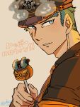  1boy blue_eyes blue_fire blue_hair blush brown_background candy commentary_request fire food forked_eyebrows from_side halloween happy_halloween hat highres holding holding_candy holding_food jack-o&#039;-lantern_ornament looking_at_viewer male_focus necktie parted_lips police_hat sakimori_toji scar scar_on_cheek scar_on_face short_hair sideburns smile solo thick_eyebrows tokyo_afterschool_summoners twitter_username upper_body yokujitsu_(yokuzi_41) 