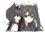  2girls :/ ahoge black_bodysuit bodysuit brown_eyes brown_hair closed_mouth green_eyes hachimaki hair_between_eyes hair_horns hatsuzuki_(kancolle) headband highres kantai_collection multiple_girls open_mouth sayuwan school_uniform serafuku side-by-side simple_background twintails upper_body whispering white_background zuikaku_(kancolle) 