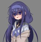  1girl bangs blue_archive cardigan empty_eyes grey_background hair_between_eyes hairband highres jewelry long_hair neckerchief necklace purple_eyes purple_hair school_uniform serafuku turtleneck ui_(blue_archive) waa153 