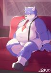  2022 anthro belly big_belly blush bulge canid canine clothing detailed_background furniture hi_res kemono lick1832 male mammal moobs necktie overweight overweight_male sitting sofa solo suspenders underwear 