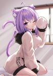  1girl ame_to_ame animal_ear_fluff animal_ears between_legs breasts cat_ears cat_girl cat_tail day hand_between_legs highres hololive hood hood_down hoodie large_breasts long_sleeves looking_at_viewer nekomata_okayu no_pants oversized_clothes purple_eyes purple_hair rubbing_eyes short_hair sitting sleepy sleeves_past_fingers sleeves_past_wrists tail tears virtual_youtuber waking_up wariza 