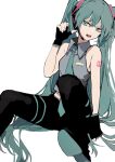  1girl bangs black_footwear blue_eyes blue_hair blue_necktie fingerless_gloves gloves grey_shirt hatsune_miku headset highres leg_up long_hair looking_at_viewer necktie open_mouth sayuwan shirt simple_background sitting sleeveless sleeveless_shirt solo teeth very_long_hair vocaloid white_background 