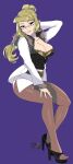  1girl arm_behind_head belt black_footwear blonde_hair bra breasts brenda_(pokemon) brown_belt buttons cleavage collarbone commentary_request eyeshadow glasses hand_up high_heels highres jacket long_hair looking_at_viewer makeup miniskirt open_clothes open_jacket pantyhose parted_lips pokemon pokemon_duel purple_background r3dfive semi-rimless_eyewear shirt skirt smile solo underwear white_jacket white_skirt 
