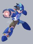  1boy absurdres arm_cannon blue_eyes brown_hair brown_shorts child clenched_hand clenched_teeth fantasy grey_background highres male_child male_focus mechanical_arms mega_man_(character) mega_man_(classic) mega_man_(series) mega_man_11 science_fiction shirt short_hair shorts simple_background solo tanaka_(is2_p) teeth transforming weapon white_shirt 