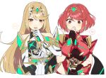  2girls amiibo bangs bare_shoulders black_gloves blonde_hair breasts chest_jewel cleavage covering_mouth dangle_earrings dress earrings elbow_gloves figure fingerless_gloves gem gloves headpiece highres jewelry kinagi_(3307377) large_breasts multiple_girls mythra_(xenoblade) open_mouth pyra_(xenoblade) red_eyes red_hair short_hair super_smash_bros. swept_bangs tiara white_background white_dress white_gloves xenoblade_chronicles_(series) xenoblade_chronicles_2 yellow_eyes 