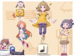  &gt;_&lt; ?_block brick denim denim_shorts dress full_body goomba idolmaster idolmaster_million_live! jeans jumping kasuga_mirai kitakami_reika looking_at_another lying mario_(series) midriff_peek mtr musical_note nakatani_iku ogami_tamaki on_back own_hands_together pants pointing producer_(idolmaster) shorts spoken_musical_note suou_momoko warp_pipe yellow_dress 