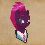  2022 artharuhi bow_tie broken_horn bust_portrait clothing digital_media_(artwork) equid equine eye_scar eyebrows eyelashes facial_scar female feral friendship_is_magic green_eyes hair hasbro hi_res horn mammal my_little_pony my_little_pony:_the_movie_(2017) pink_hair portrait purple_body scar smile solo suit tempest_shadow_(mlp) thick_eyebrows unicorn uniform 