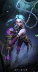  1girl absurdres arcane:_league_of_legends blood blood_on_clothes blood_on_face blue_hair boots braid bullet chinese_commentary commentary_request cracked_glass detached_sleeves fingerless_gloves from_above full_body gatling_gun gloves highres holding holding_weapon jing_zhou jinx_(league_of_legends) league_of_legends lips long_hair looking_at_viewer looking_up minigun open_mouth red_eyes solo teeth tooth_gap twin_braids weapon 