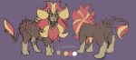  2021 blonde_mane character_name felid flat_colors front_view generation_6_pokemon hi_res lofthearts looking_at_viewer male mammal mane model_sheet multicolored_mane nintendo pantherine pokemon pokemon_(species) pokemon_mystery_dungeon pyroar quadruped rear_view red_eyes red_mane simple_background solo two_tone_mane video_games white_background 