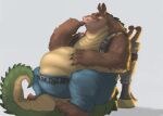  abdominal_bulge activision anthro belly big_belly bottomwear brown_body brown_fur canid canine canis clothing crash_bandicoot_(series) crocodilian dingo dingodile fur hand_on_stomach hauoli47 male mammal pants reptile same_size_vore scales scalie video_games vore 