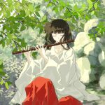  1girl bangs black_hair blunt_bangs chinese_commentary closed_eyes collarbone dot_mouth flute green_theme hakama holding holding_instrument huanjing_wutuobang instrument inuyasha japanese_clothes kikyou_(inuyasha) leaf limited_palette long_hair long_sleeves miko music outdoors playing_flute playing_instrument red_hakama rock sitting sitting_on_person solo 