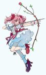  1girl absurdres bow_(weapon) breasts chinese_commentary closed_mouth commentary_request dress frilled_socks frills gloves hair_ribbon highres holding holding_bow_(weapon) holding_weapon kaname_madoka magical_girl mahou_shoujo_madoka_magica nainaier007 pink_eyes pink_hair red_footwear red_ribbon ribbon shoes simple_background small_breasts socks solo twintails v-shaped_eyebrows weapon white_background white_gloves white_socks 