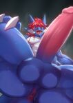  agitype01 anthro anus balls biped blue_body blush bodily_fluids dragon erection genitals hair hi_res looking_at_viewer looking_down_at_viewer low-angle_view male open_mouth penis rakuo red_eyes red_hair saliva simple_background sweat white_body 