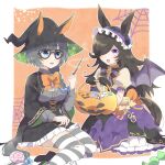  293mof 2girls animal_ears black_gloves black_headwear black_robe black_skirt blue_eyes bow bowtie braid braided_ponytail brooch brown_hair candy fang food glass gloves grey_hair grey_shirt hair_over_one_eye halloween halloween_bucket hat highres holding holding_wand horse_ears jewelry kneeling long_hair looking_at_another low_ponytail magic multiple_girls open_mouth puffy_short_sleeves puffy_sleeves purple_eyes rice_shower_(make_up_vampire!)_(umamusume) rice_shower_(umamusume) robe shirt short_sleeves silk sitting skirt smile spider_web striped striped_thighhighs thighhighs umamusume wand witch_hat zenno_rob_roy_(magically_gifted_hero)_(umamusume) zenno_rob_roy_(umamusume) 