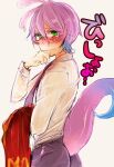  1boy aged_down blush chiori_(dd07mw) glasses green_eyes lizard_tail monsters_inc. monsters_university personification purple_hair randall_boggs roar_omega_roar shirt short_hair solo tail tears wet wet_clothes wet_shirt 