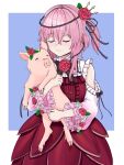  1girl :3 bangs blue_background blush closed_eyes clothing_cutout commentary dress flower hair_flower hair_ornament highres nijisanji nijisanji_en pig pink_hair pivosamurai red_dress rosebud_(rosemi_lovelock) rosemi_lovelock short_hair shoulder_cutout simple_background thorns virtual_youtuber 