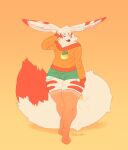  anthro bade_(rain-horse) baggy_clothing bat-eared_fox black_nose bottomwear bulge canid canine claws clothing curled_tail eyes_closed facial_tuft facing_forward fluffy fluffy_hair fluffy_tail fox fur girly hair hand_on_head hi_res highlights_(coloring) humanoid inner_ear_fluff legwear long_ears long_tail male mammal markings neck_tuft pink_inner_ear red_body red_fur red_highlights shorts solo sweater thick_thighs thigh_highs topwear tuft walking white_body white_fur wide_hips wolberdan 