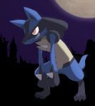  2017 3_fingers 3_toes ambiguous_gender anthro black_body blue_body chest_spike enon feet fingers full-length_portrait generation_4_pokemon lucario moon night nintendo pokemon pokemon_(species) portrait red_eyes sharp_teeth smile solo spikes spikes_(anatomy) standing teeth toes video_games 