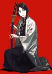  1girl absurdres bangs black_kimono bleach braid commentary dated front_braid full_body grey_eyes highres holding holding_sheath japanese_clothes jo_jjo_29 katana kimono long_hair long_sleeves looking_at_viewer open_clothes parted_bangs red_background shadow sheath sheathed simple_background solo sword unohana_retsu very_long_hair weapon wide_sleeves 