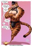  angry bulge clothing cock_bulge comic crossed_arms dialogue dialogue_box felid groin_covered harness hi_res leather leather_cap leather_clothing leather_daddy leather_harness leather_jockstrap leather_straps leather_topwear male mammal matthew-x pantherine pecs speech_bubble text text_box tiger topwear 