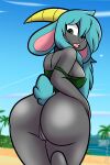  2022 anthro bea_(ikaribunbun) beach big_butt black_body black_skin blue_body blue_fur bovid breasts butt caprine clothed clothing cute_expression cute_eyes digital_drawing_(artwork) digital_media_(artwork) female fur genitals glistening glistening_body green_eyes hair half_naked hi_res horn ikaribunbun looking_at_viewer mammal open_mouth presenting presenting_hindquarters presenting_pussy public public_nudity pussy raised_tail seaside shaded sheep side_boob signature sky solo topwear 