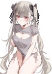  1girl absurdres arms_between_legs azur_lane breasts cleavage cleavage_cutout clothing_cutout earrings formidable_(azur_lane) grey_hair hair_ribbon highres jewelry large_breasts long_hair meme_attire miyasaka_miyabi pale_skin red_eyes ribbon sitting twintails two-tone_ribbon unfinished very_long_hair virgin_killer_sweater white_background 