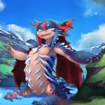 2019 4_arms 4_fingers anthro apode arm_spikes black_pupils blue_body blue_ears blue_hair blue_pseudo_hair blue_scales blue_tail breasts chest_spike chest_spikes claws cloud colored countershade_arms countershade_face countershade_hands countershade_neck countershade_scales countershade_torso countershading day deity detailed_background digital_media_(artwork) draconcopode dragon european_mythology eyelashes fangs featureless_breasts female finger_claws fingers forest front_view hair half-length_portrait hi_res humanoid_hands jormungandr_(mythology) kamukamu6392 kemono lake landscape legless long_hair long_tail looking_at_viewer macro monotone_tail mountain multi_arm multi_limb multicolored_body multicolored_ears multicolored_scales mythology nature non-mammal_breasts norse_mythology nude open_mouth open_smile outside partially_submerged partially_submerged_tail plant portrait pseudo_hair pupils red_body red_claws red_hair red_pseudo_hair red_scales reptile scales scalie serpentine shaded sharp_claws sharp_teeth sitting sky slit_pupils small_breasts smile snow solo spiked_tail spikes spikes_(anatomy) teeth three-quarter_view tongue tree two_tone_ears water white_body white_countershading white_ears white_scales yellow_eyes 