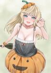  1girl black_tank_top blue_eyes blush bottle braid breasts cosplay double_bun drunk hair_bun halloween_costume highres holding holding_bottle kantai_collection koru_pera large_breasts libeccio_(kancolle) libeccio_(kancolle)_(cosplay) long_hair nose_blush pumpkin_hat pumpkin_skirt ranger_(kancolle) side_braids sideboob solo tank_top 