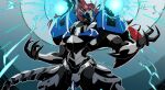  1girl absurdres glowing glowing_eyes guilty_gear guilty_gear_x highres humanoid_robot justice_(guilty_gear) mechanical_tail red_hair solo stardust935 tail thunder yellow_eyes 
