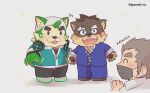  anthro blush canid canine canis domestic_dog fur green_body green_fur group headphones headphones_around_neck human igarashi_ta lifewonders live-a-hero male mammal mascot_costume mokdai moritaka pawpads tokyo_afterschool_summoners trio video_games 