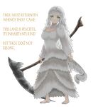  1girl absurdres barefoot dark_souls_(series) dark_souls_i dragon_girl english_text full_body fur green_eyes highres holding holding_scythe long_hair looking_at_viewer plant-new-art priscilla_the_crossbreed scales scythe solo tail white_fur white_hair 