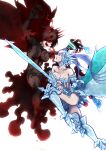 2girls battle black_clover blood blood_wings blue_armor breasts claws cleavage crown demon_horns demon_wings glowing halo highres holding holding_sword holding_weapon horns large_breasts multiple_girls noelle_silva sword tarou_tanaka_01 thighs twintails valkyrie vanica_zogratis water water_wings weapon white_background white_hair wings 