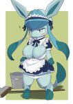  anthro big_breasts blue_body blue_eyes blush border breasts cleavage clothed clothing eeveelution female generation_4_pokemon glaceon green_background hi_res koorinezumi looking_at_viewer maid_uniform nintendo partially_clothed pokemon pokemon_(species) pokemorph raised_clothing shadow short_stack simple_background solo underwear underwear_down uniform video_games white_border 