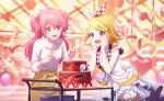  2girls :3 :d aqua_eyes blonde_hair bow cake character_doll checkered_bow checkered_clothes clover colorful_palette dress food fruit hair_bow hairband heart highres himitsu_no_valentine_daisakusen!_(project_sekai) hinomori_shizuku idol kagamine_len kagamine_rin kiritani_haruka long_hair momoi_airi more_more_jump!_(project_sekai) multiple_girls official_art open_mouth pink_hair project_sekai shorts sleeveless sleeveless_dress smile sparkle sparkle_hair_ornament strawberry sweater two_side_up vocaloid white_dress white_hairband white_sweater wing_collar yellow_bow yellow_shorts 