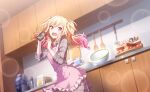  1girl apron blonde_hair blush bowl cake calling character_cookie colorful_palette counter cutting_board dress food highres himitsu_no_valentine_daisakusen!_(project_sekai) indoors kitchen ladle light_particles long_hair official_art open_mouth pink_apron pink_eyes pink_hair plaid plaid_dress project_sekai solo sparkle spatula spork sweat tenma_saki twintails 