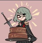  1girl birthday_cake cake capelet centurii-chan_(artist) english_text food gloves green_hair happy_birthday holding holding_tray medium_hair military military_uniform olivia_mckinley original planted planted_sword smile solo sword tray uniform weapon yellow_eyes 