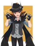  1boy black_gloves black_headwear black_scarf blush brown_eyes brown_hair claw_pose collared_shirt cowboy_shot fang gloves hat highres hilbert_(fall_2020)_(pokemon) hilbert_(pokemon) jewelry looking_at_viewer male_focus necklace official_alternate_costume po_posan pokemon pokemon_(game) pokemon_masters_ex scarf shirt simple_background skin_fang smile solo vest 