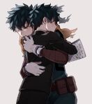  2boys aged_down bangs belt belt_pouch blush bodysuit boku_no_hero_academia cape commentary crying floating_cape freckles gakuran gloves green_bodysuit green_eyes green_hair high_collar highres holding holding_notebook hug katochuu male_focus midoriya_izuku multiple_boys narrowed_eyes nose_blush notebook outline pouch sad school_uniform short_hair simple_background spoilers tears torn_cape torn_clothes upper_body utility_belt white_background white_gloves white_outline yellow_cape 