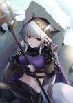  1girl absurdres animal_ears arknights beanie behind_cover black_gloves black_headwear black_pantyhose black_skirt breasts cape clothes_writing cowboy_shot crop_top e-bushi ears_through_headwear fox_ears fox_tail frostleaf_(arknights) frostleaf_(break_the_ice)_(arknights) gloves grey_hair halberd hat headphones highres holding holding_polearm holding_weapon implied_extra_ears long_hair looking_at_viewer midriff navel official_alternate_costume pantyhose parted_lips polearm purple_cape purple_shirt red_eyes rock shirt skirt small_breasts solo tail weapon 