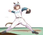  1girl :t alternate_costume animal_ears aqua_eyes artist_name ball bangs baseball baseball_mitt baseball_uniform belt brown_hair cheval_grand_(umamusume) commentary_request cosplay ears_through_headwear full_body grey_hair hat highres holding holding_ball horse_ears horse_girl horse_tail layered_sleeves long_sleeves motion_blur mukakin multicolored_hair pants peaked_cap pinstripe_pattern pitcher&#039;s_mound pitching sasaki_kazuhiro sasaki_kazuhiro_(cosplay) short_hair short_over_long_sleeves short_sleeves sidelocks solo sportswear streaked_hair striped tail two-tone_hair umamusume yokohama_dena_baystars 