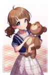  1girl 24riside absurdres ahoge bangs blue_eyes blue_shirt blunt_bangs blush brown_hair collarbone doll_hug highres idolmaster idolmaster_million_live! idolmaster_million_live!_theater_days looking_at_viewer object_hug plaid plaid_skirt puffy_short_sleeves puffy_sleeves shirt short_sleeves short_twintails skirt smile solo stuffed_animal stuffed_toy suou_momoko teddy_bear twintails 