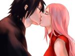  1boy 1girl closed_eyes haruno_sakura kiss long_hair naruto naruto_(series) pink_hair starrequiem uchiha_sasuke white_background 