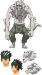  blue_eyes bottomwear canid canine chest_tuft clothed clothing facial_expressions fur grey_body grey_fur grey_hair hair hand_tuft human kaito_(uq_holder!) male mammal model_sheet muscular official_art pants solo topless tuft uq_holder! were werecanid werecanine werewolf 