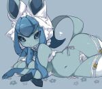  anthro blue_background blue_body blue_eyes blush breasts clothed clothing eeveelution female generation_4_pokemon glaceon hi_res legwear looking_at_viewer nintendo pokemon pokemon_(species) pokemorph saamon_1010 simple_background solo underwear video_games 