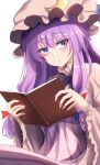  1girl bags_under_eyes bangs blue_bow blue_ribbon book bow bowtie commentary crescent crescent_hat_ornament hair_bow hat hat_ornament hat_ribbon highres holding holding_book long_hair mob_cap namiki_(remiter00) open_book parted_lips patchouli_knowledge purple_bow purple_bowtie purple_eyes purple_hair reading red_bow ribbon robe simple_background solo touhou very_long_hair white_background wide_sleeves 