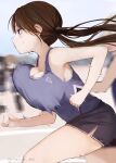  absurdres bare_shoulders bouncing_breasts breasts brown_hair from_side highres large_breasts long_hair mole motion_blur original running shorts solo_focus sportswear tank_top twintails yukari_(rihenara_doll) 