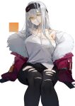  aaoshigatoutoi absurdres breasts coat frima_(nikke) glaring goddess_of_victory:_nikke highres large_breasts night_vision_device off_shoulder open_clothes open_coat shirt t-shirt thighs torn_clothes white_hair 