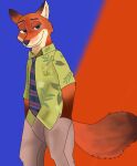  2016 anthro bottomwear canid canine clothed clothing disney ears_up fox fur half-closed_eyes hand_in_pocket hands_in_both_pockets hi_res inner_ear_fluff jimfoxx looking_at_viewer male mammal mouth_closed narrowed_eyes necktie nick_wilde pants pockets raised_tail shirt smile smiling_at_viewer smirk solo standing topwear tuft zootopia 